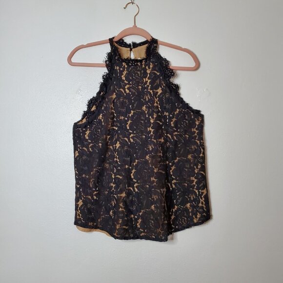 ee:some Vision Lace Hi Neck Round Hem Tank Top Size S Black Lace Nude Lining - Picture 1 of 11